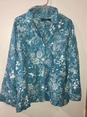 Lauren Ralph Lauren Casual Pajama Top Blue Floral Size Extra Large Button Down